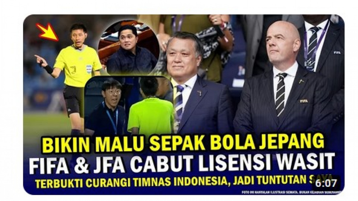 VIdeo salah (X) tentang pemberitaan Federasi Bola Jepang dan FIFA cabut lisensi wasit Hiroki Kasahara [[screenshot YouTube].]