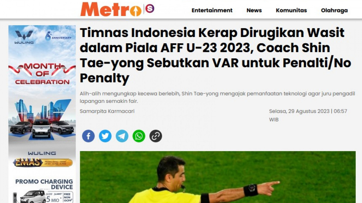 Artikel Metro Suara.com tentang VAR, Coach Shin Tae-yong memberikan saran agar tidak terjadi keputusan wasit merugikan sebuah tim [[screenshot Metro]]