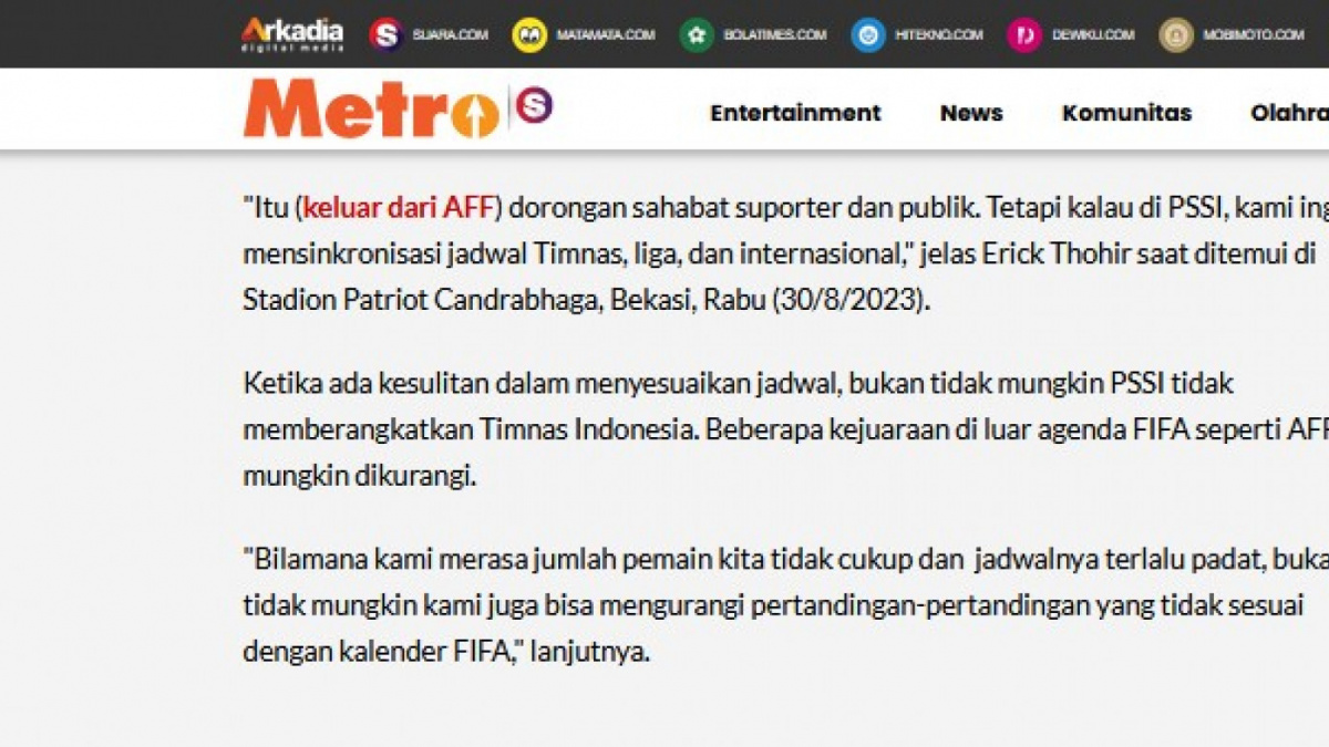 Pernyataan Ketua Umum PSSI Erick Thohir tentang Indonesia tetap di AFF [[screenshot Metro Suara.com].]