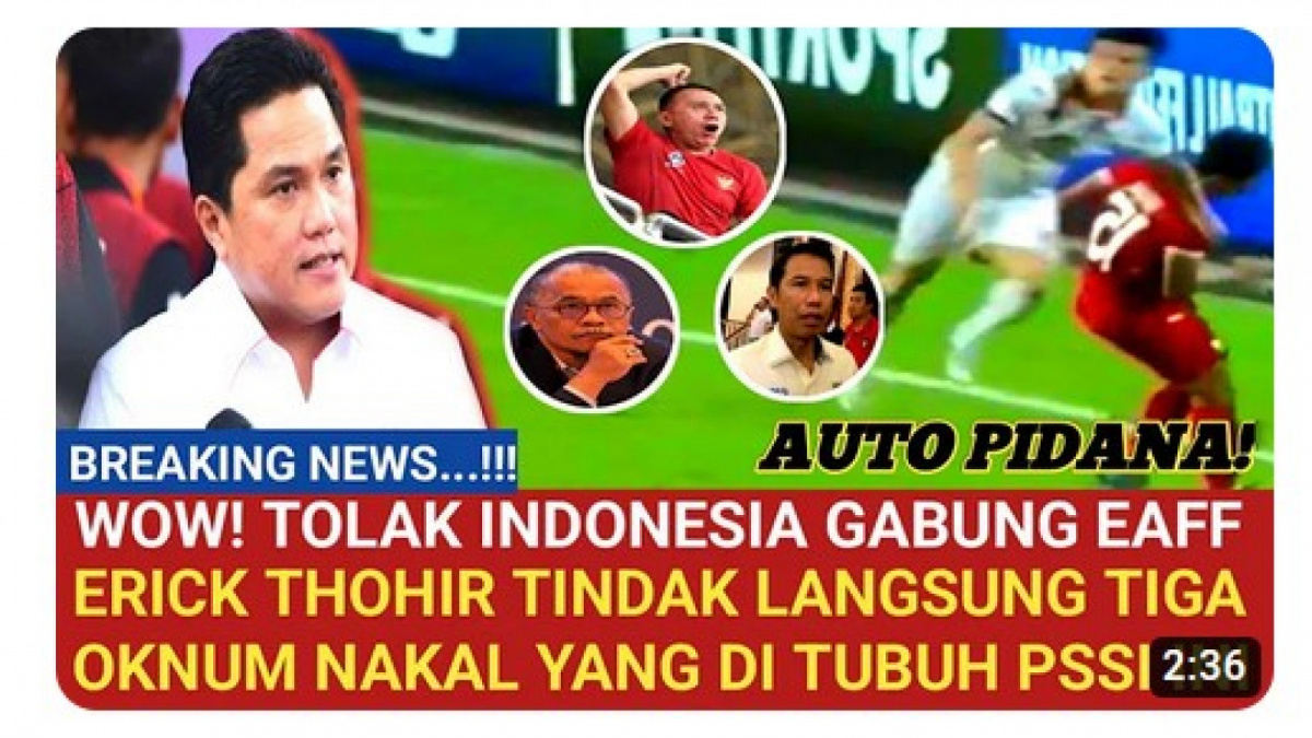 Video salah (X) soal ada hukuman pidana untuk yang tolak PSSI keluar AFF. Alih-alih gabung ke organisasi bola lain, PSSI tetap berada di AFF [[screenshot YouTube].]