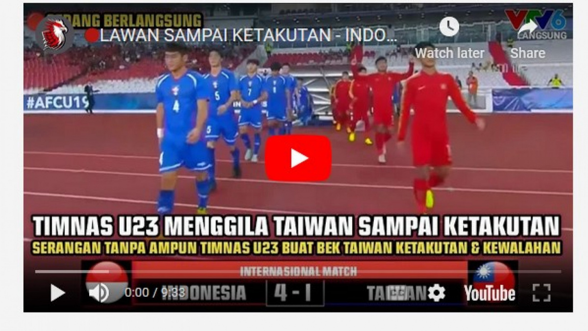 Video salah (X) tentang Indonesia vs Taiwan di Kualifikasi Piala Asia U-232023 [[screenshot YouTube].]
