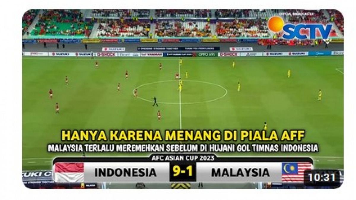 Video salah (X) tentang Timnas Indonesia vs Malaysia ending 9-1 [[screenshot YouTube].]