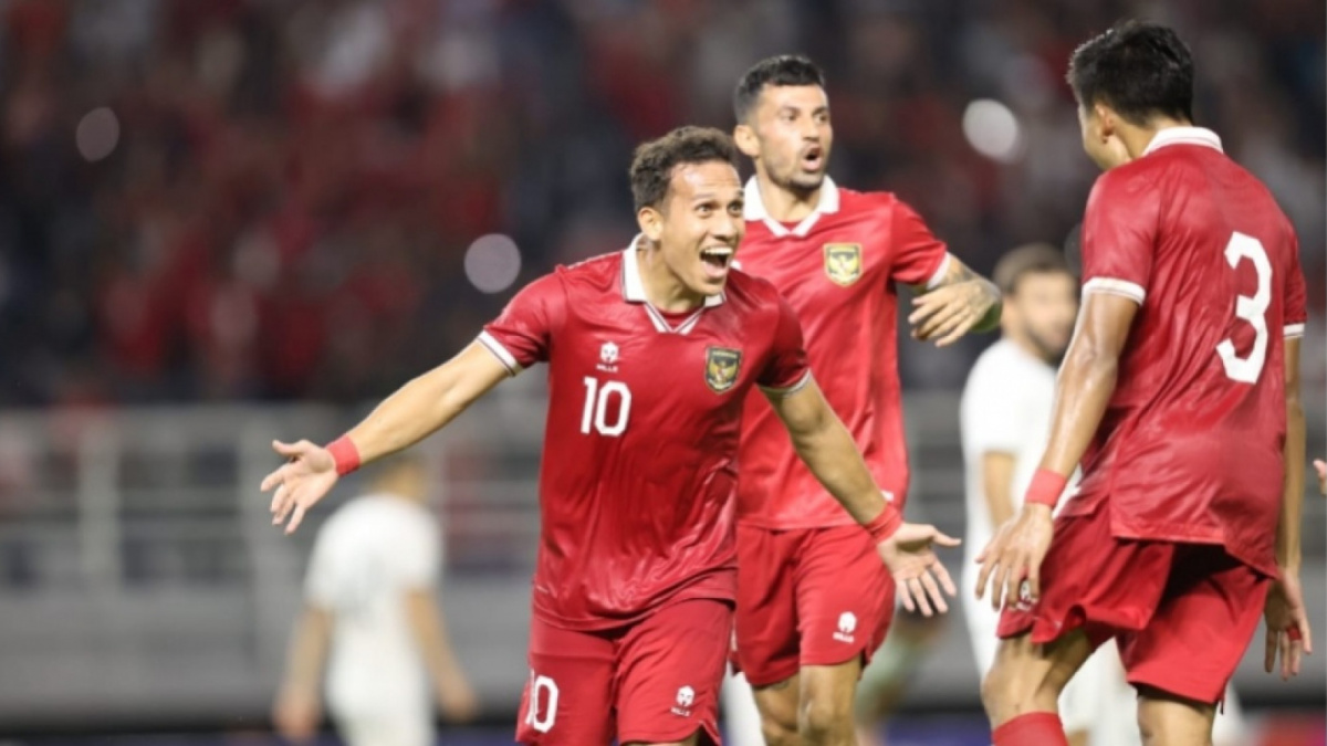 Egy Maulana Vikri (10) setelah menyarangkan gol ke gawang Turkmenistan di FIFA Matchday 2023. Skor 2-0 [(pssi.org)]