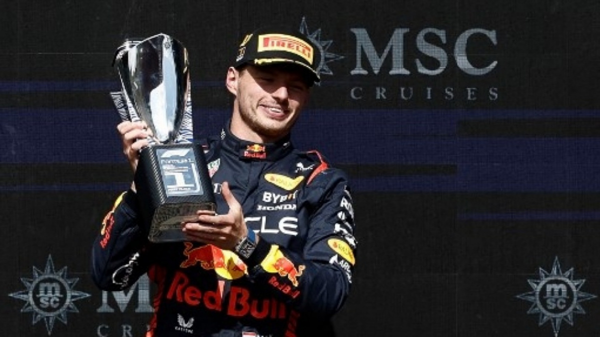 Pembalap Red Bull Racing Belanda Max Verstappen merayakan prestasi juara GP F1 di Sirkuit Spa-Francorchamps, Belgia (30/7/2023) [[AFP/Kenzo Tribouillard]]