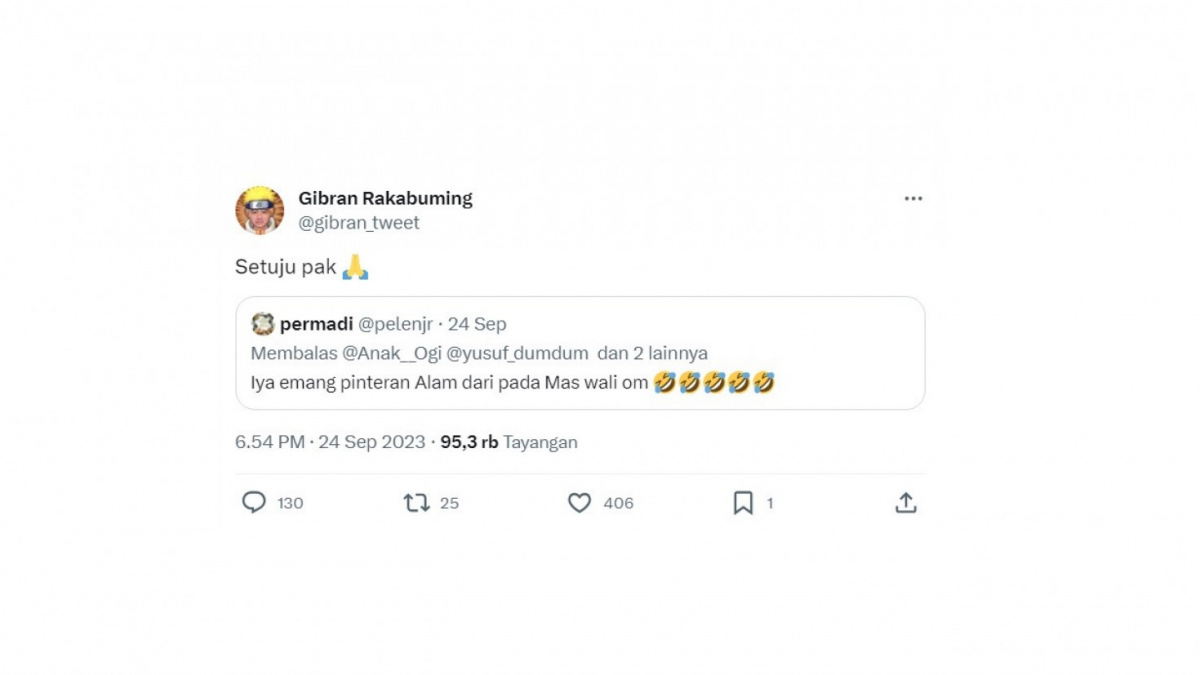 Cuitan Gibran saat warganet membandingkannya dengan anak Ganjar Pranowo. [[Screenshot]]