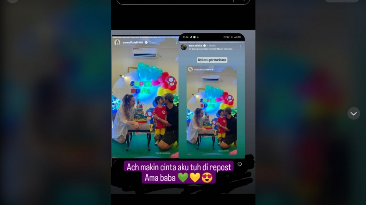 Postingan Putri Anne yang diposting ulang Arya Saloka bersama anak mereka [(TikTok/@luelyyee)]