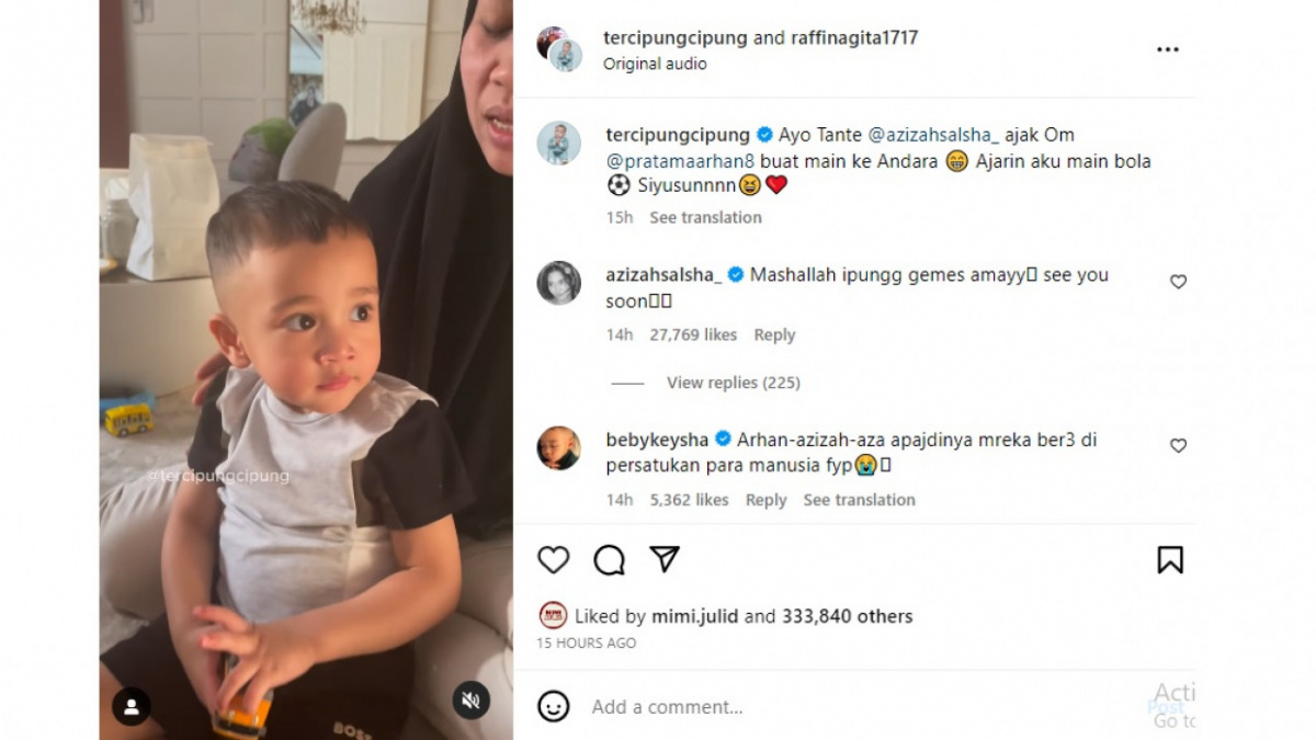 Postingan Rayyanza yang mengajak Azizah Salsha dan Pratama Arhan main ke Andara [(Instagram)]