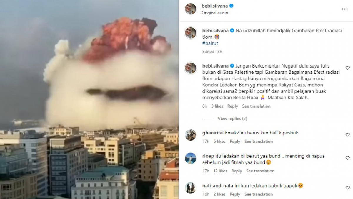 Bebi Silvana mengunggah video ledakan dahsyat dengan tagar Gaza dan Palestina. Padahal peristiwa ini terjadi di Beirut, Lebanon 2020 silam. [Instagram/Bebi Silvana]