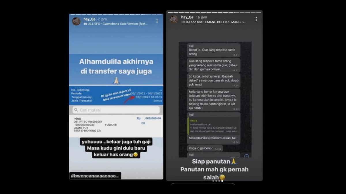 Unggahan bukti dan chat Fuji bicara kasar dengan karyawan. [[Instagram/lambe__danu]]