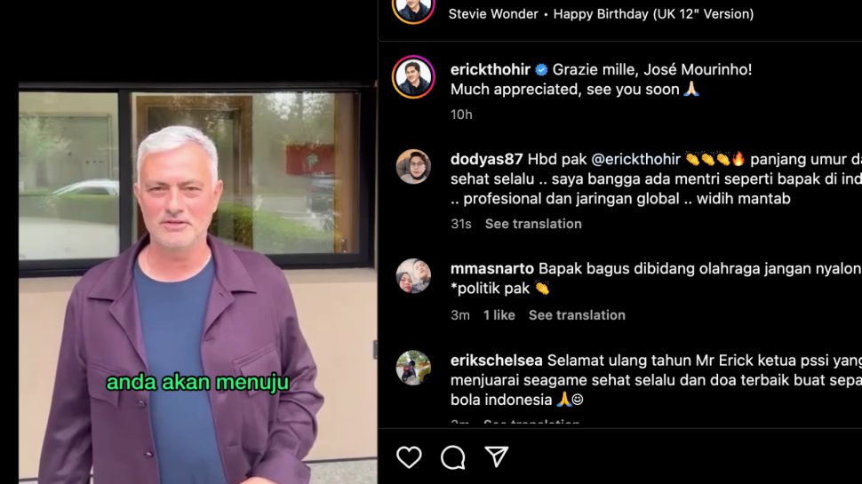 Ucapkan Selamat Ultah ke Erick Thohir, Jose Mourinho Akan Gantikan Shin Tae yong Latih Timnas Indonesia? - SuaraMetro