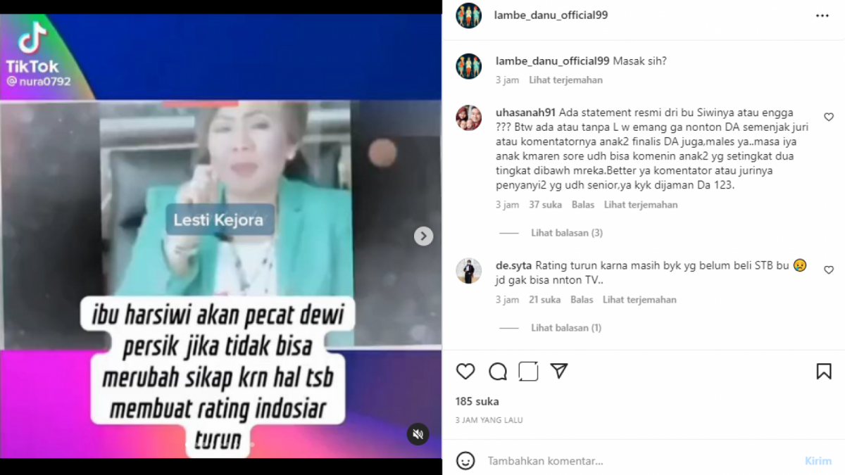 Tangkapan layar soal pemberitaan Dewi Perssik bakal dipecat dari juri DA5 [[Instagram]]