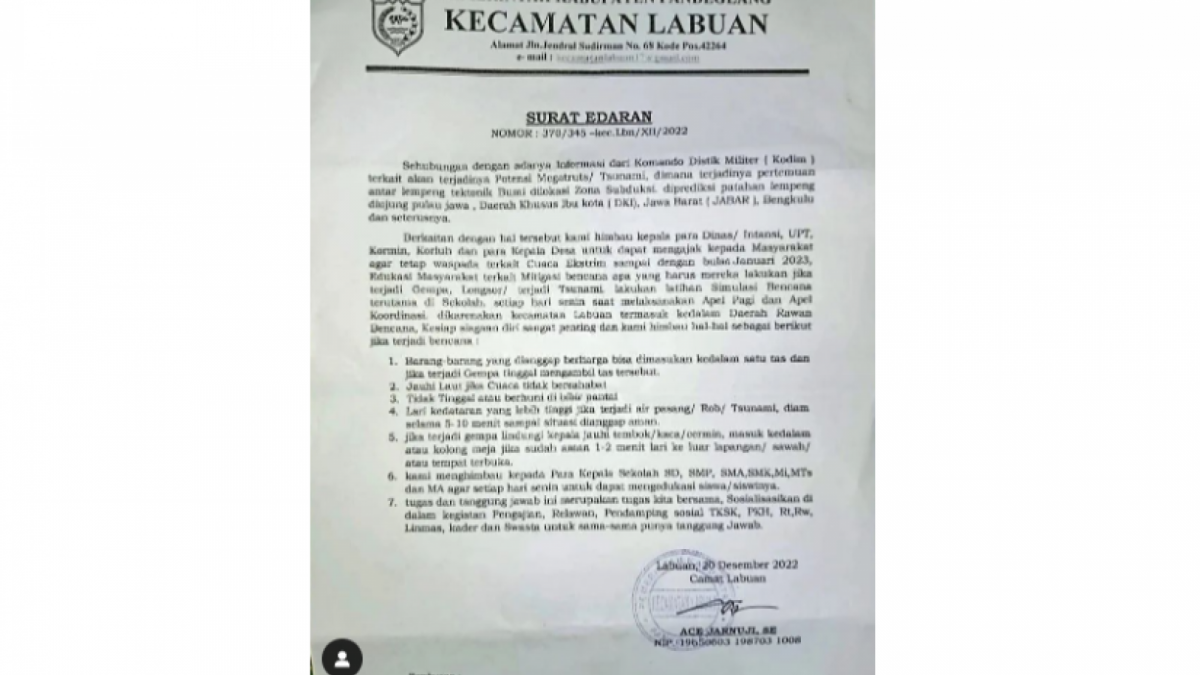 Surat edaran potensi tsunami di Pandeglang, Banten. [IST]