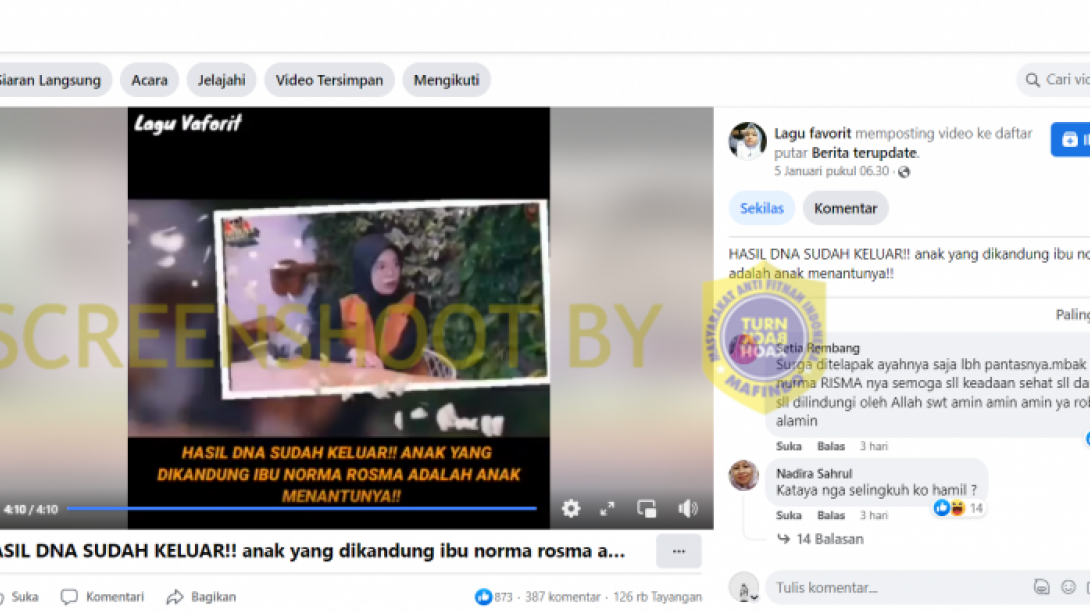 Tangkapan layar video hoax yang mengabarkan ibu Norma Risma hamil anak Rozy Zay Hakiki. [Turnbackhoax.id].