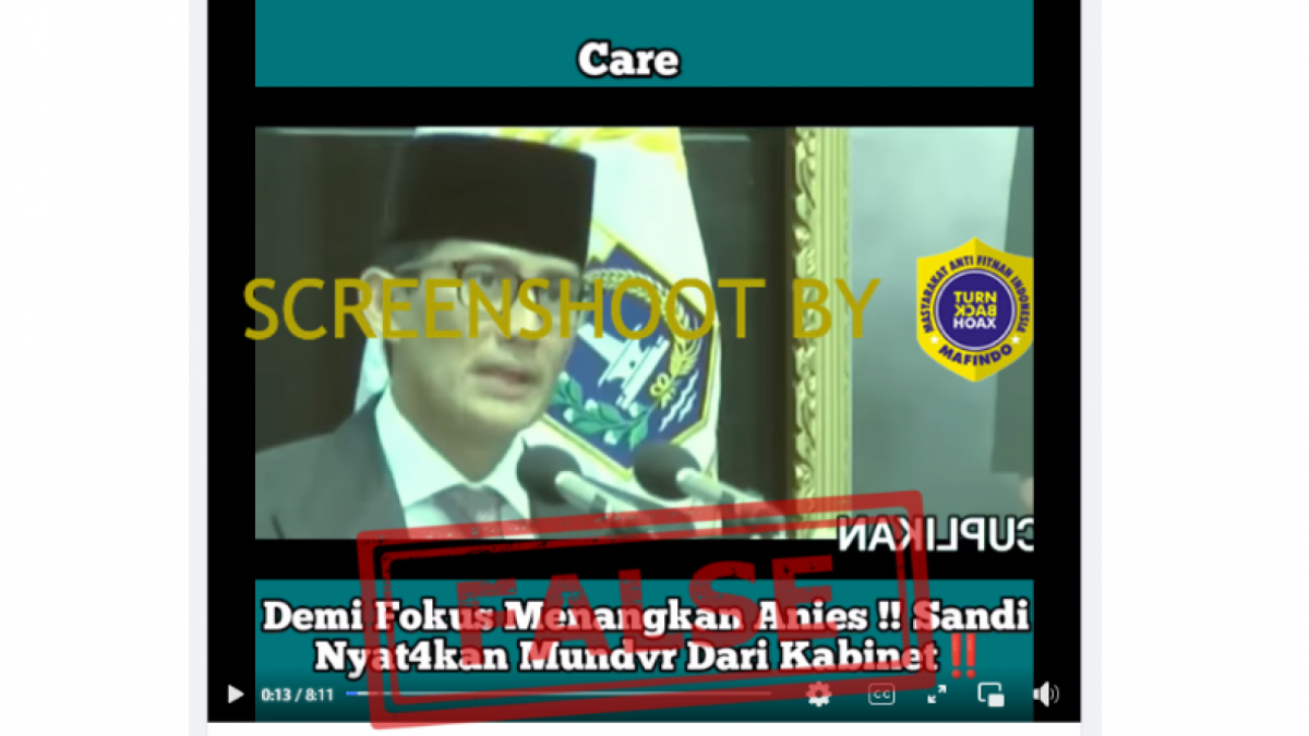 Cek Fakta: benarkah demi menangkan Anies Baswedan Sandiaga Uno mundur dari kabinet di depan media. (frekil