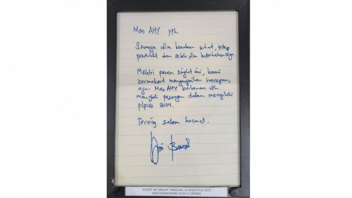 Surat bakal capres Anies Baswedan yang berisikan harapan agar Ketua Umum Partai Demokrat AHY untuk menjadi cawapresnya di PIlpres 2024. (Twitter Andi Arief)