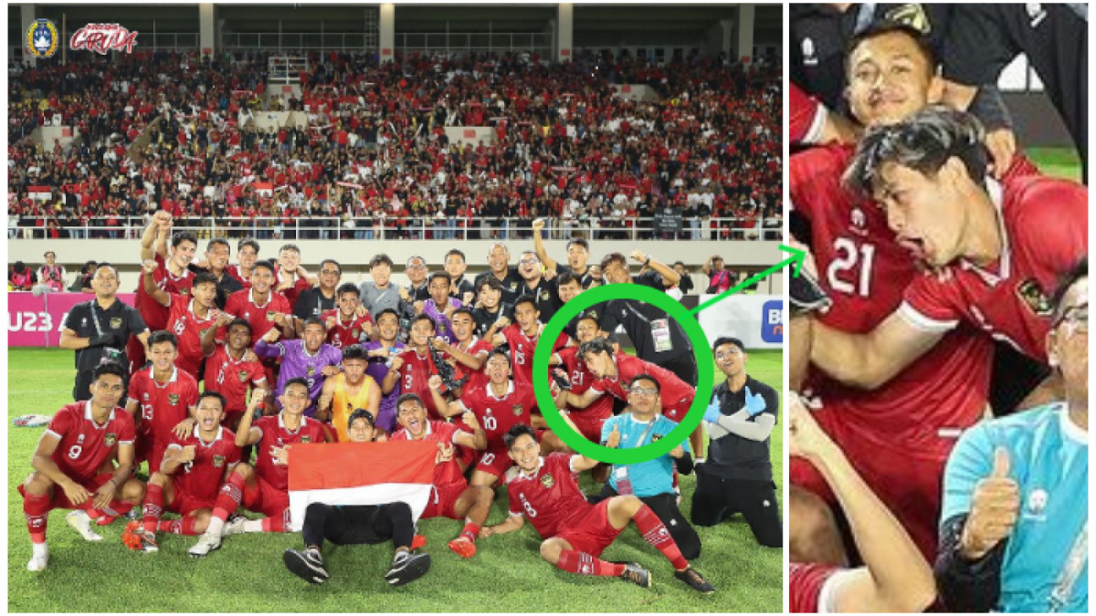 Alfeandra Dewangga (kanan) bersama pemain, pelatih, dan official Timnas Indonesia U23 usai laga lawan Turkmenistan U23 di Stadion Manahan, Solo, Selasa (12/9/2023). [Instagram @timnas.indonesia]