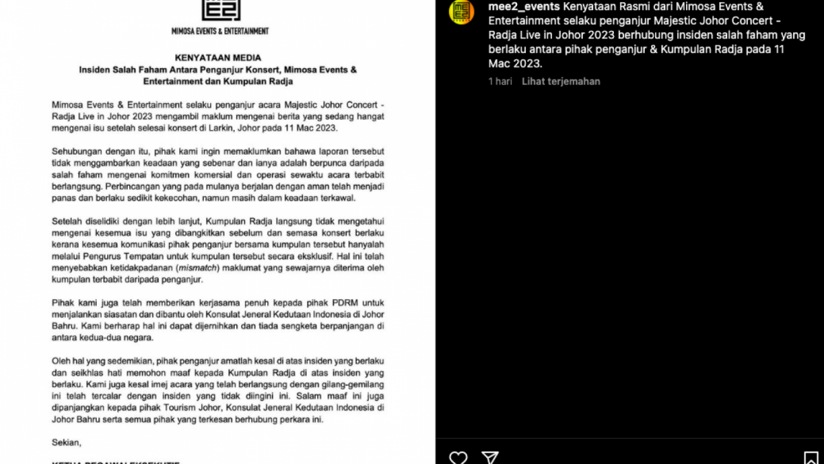 Pihak promotor memberikan klarifikasi terkait dengan adanya insiden ancaman pembunuhan yang menimpa band Radja usai manggung di Malaysia. [Foto: Tangkapan Layar Instagram]