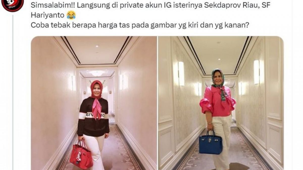 Istri Sekda Riau SF hariyanto, yang dinilai memiliki gaya hidup mewah dengan koleksi tas yang mahal. Terkait hal ini SF Hariyanto memebrikan pembelaan [Foto: Twitter]