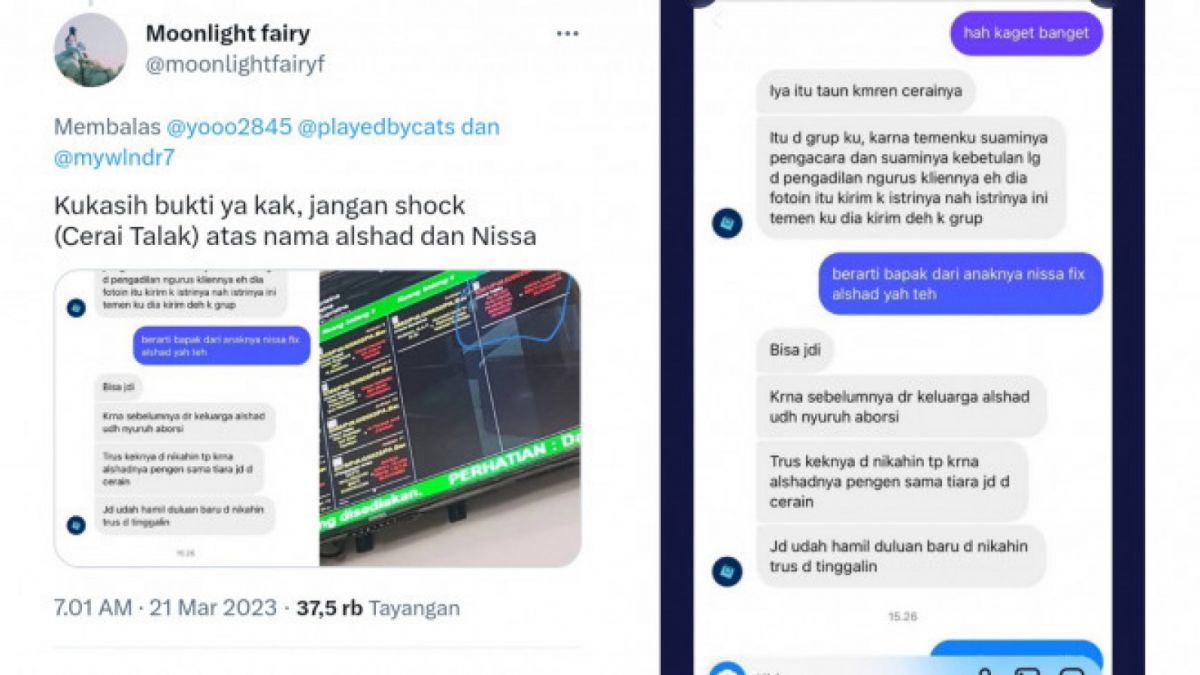 tangakapan layar sebuah percakapan di Twitter yang menyebutkan ada dugaan kalau keluarga Alshad Ahmad meminta Nissa Asyifa menggugurkan kandungan. [Foto: Twitter.]