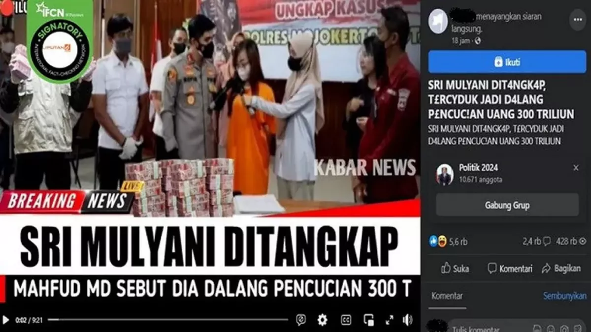 Salah satu akun Facebook memberikan kabar tentang Sri Mulyani menjadi dalang pencucian uang Rp300 triliun dan kini sudah ditangkap, Cek Faktanya., [Foto: Facebook]