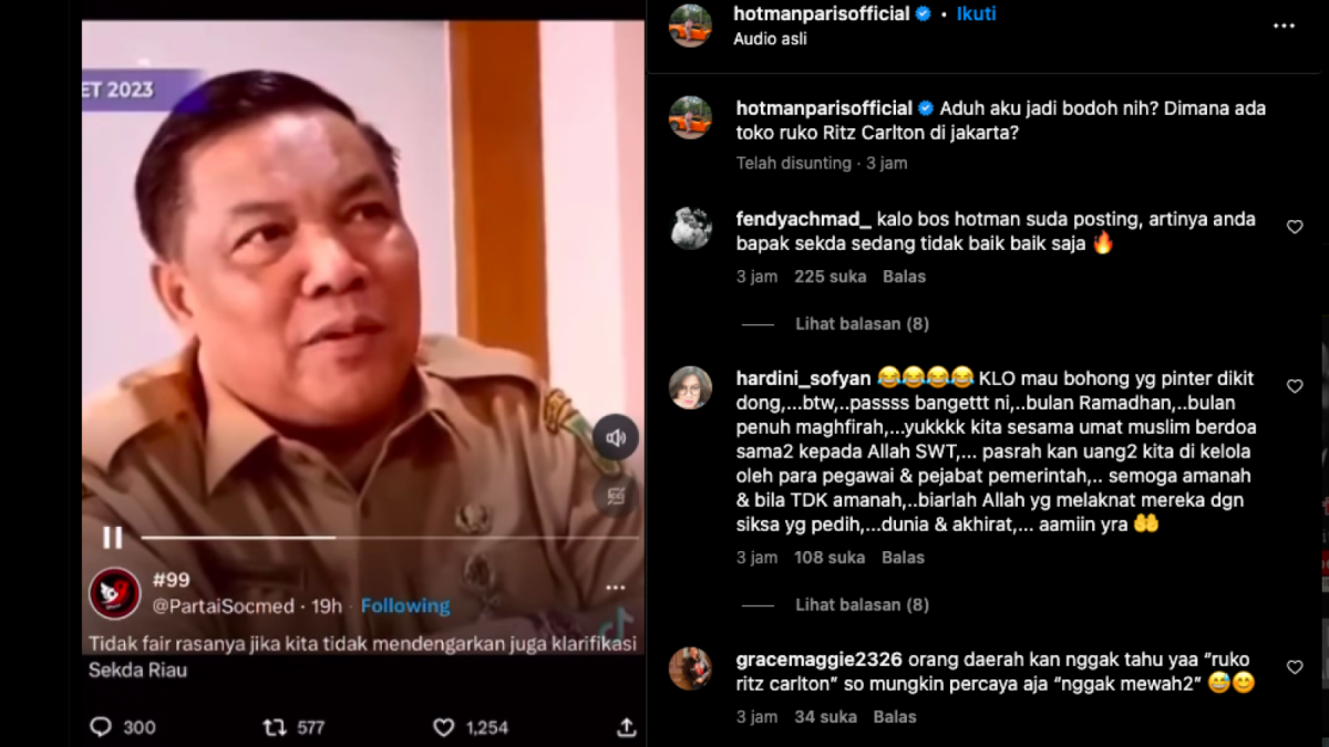 Hotman Paris sampai memberikan sindiran kepada Sekda Riau SF Hariyanto soal pernyataan anaknya yang ultah di diduga dilakukan di hotel mewah. [Foto: Tangkapan Layar Instagram]