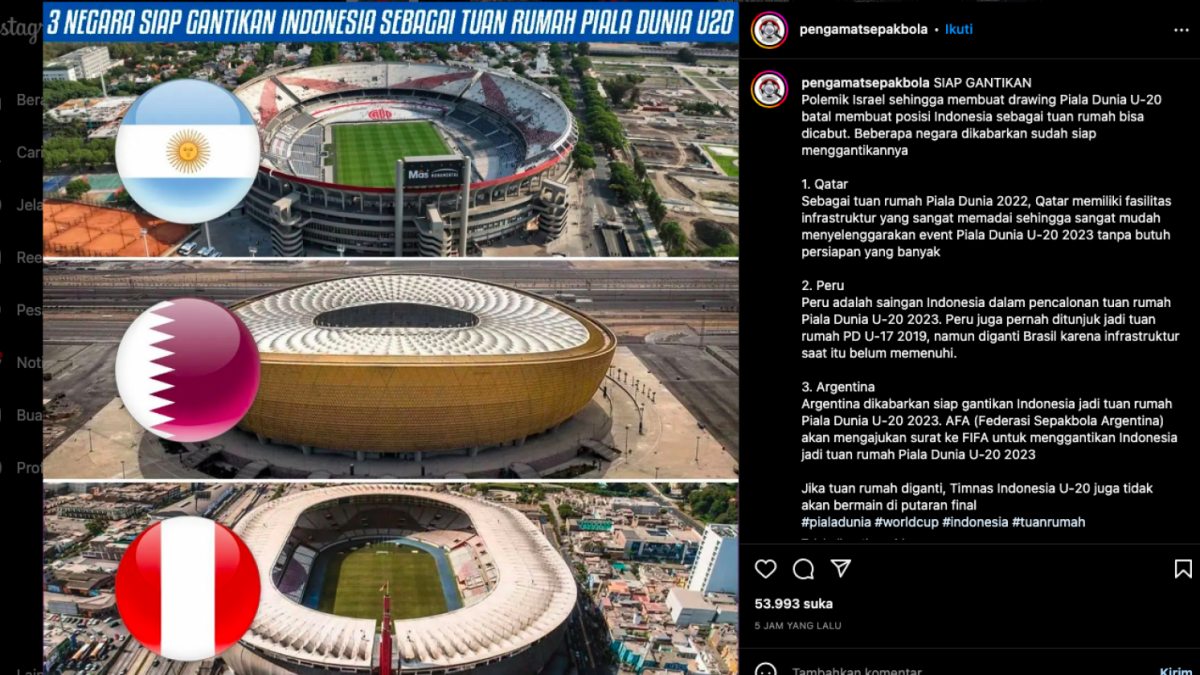Akun Instagram pengamat sepakbola memprediksi ada tiga negara yang bisa menggantikan Indoensia sebagai tuan rumah Piala Dunia U-20 2023. [Foto: Instagram]