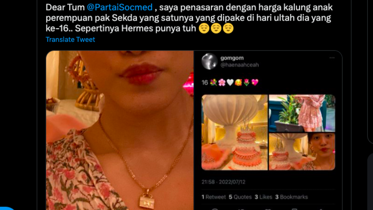 Anak Sekda Riau kepergok menggunakan kalung mewah branded Hermes. Hal ini membuat publik curiga anyara penghasilan ayahnya sebagai Sekda Riau dan gaya hidup keluarganya. [Foto: Twitter]