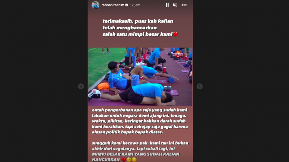 Unggahan Rabbani Tasnim yang meluapkan rasa kecewanya terhadap mereka yang sudah menghancurkan mimpi besar Timnas Indonesia. [Foto: Instagram]