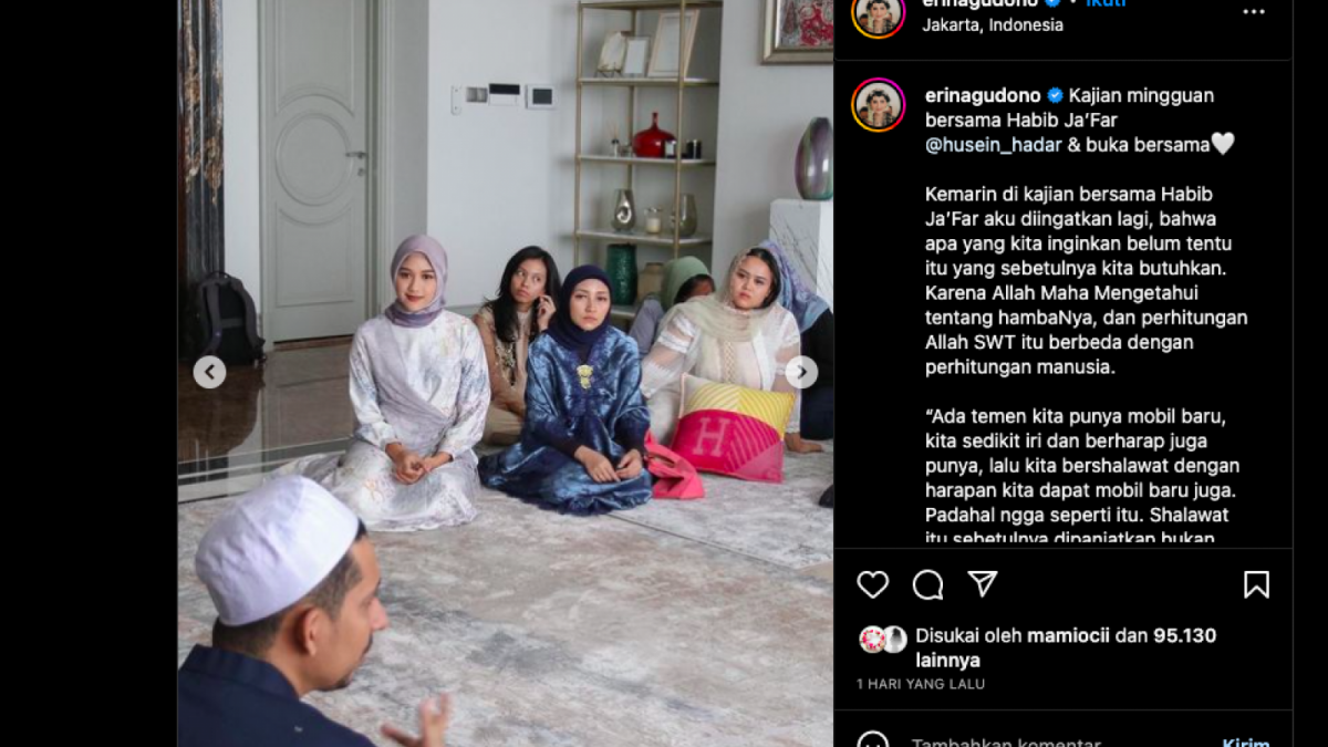 Erina Gudono mengikuti kajian Habib Jafar dan buka bersama. Namun ada yang membuat netizen salah fokus terkait dengan postingan Erina Gudono. [Foto: Instagram]
