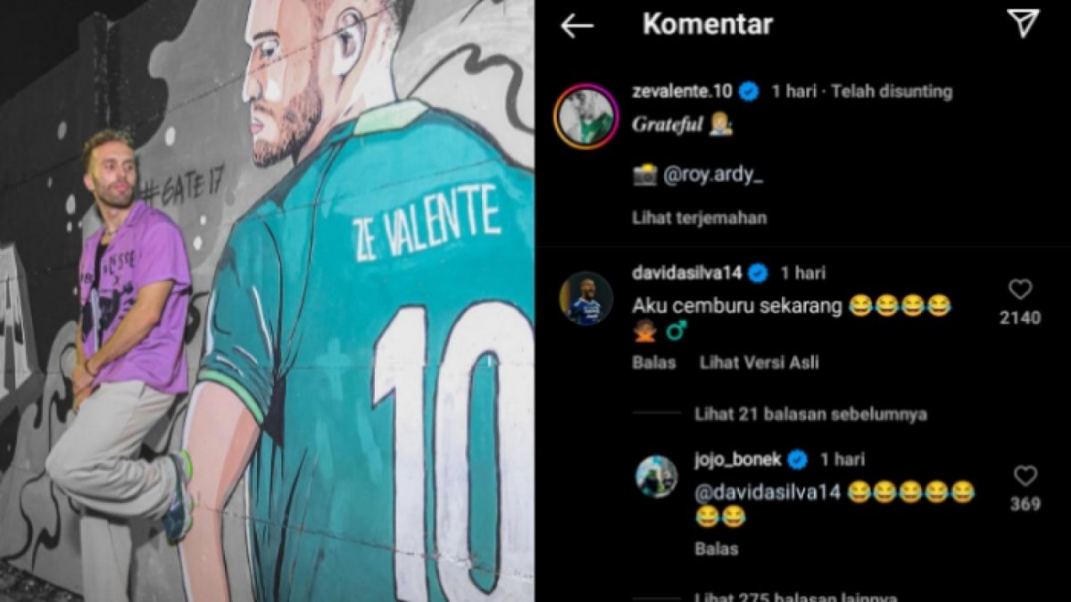 Unggahan Ze Valente berpose di depan mural dari Bonek menuai kecemburuan oleh penyerang Persib Bandung, David da Silva. [Instagram @zevalente.10]