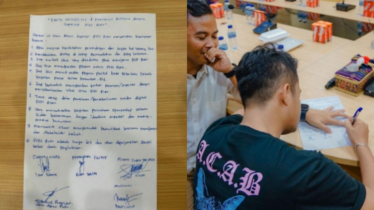 Aliansi suporter PSPS Riau memberikan kertas ke Pemko Pekanbaru berisikan 10 poin integritasnya. [Instagram @muflihun.sstp.map]