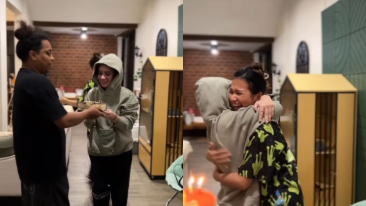 Potret Arie Kriting dan Indah Permatasari mengejutkan Putri Anne karena beri surprise kue ulang tahun dan kado kecil. [Instagram/@indahpermatas]