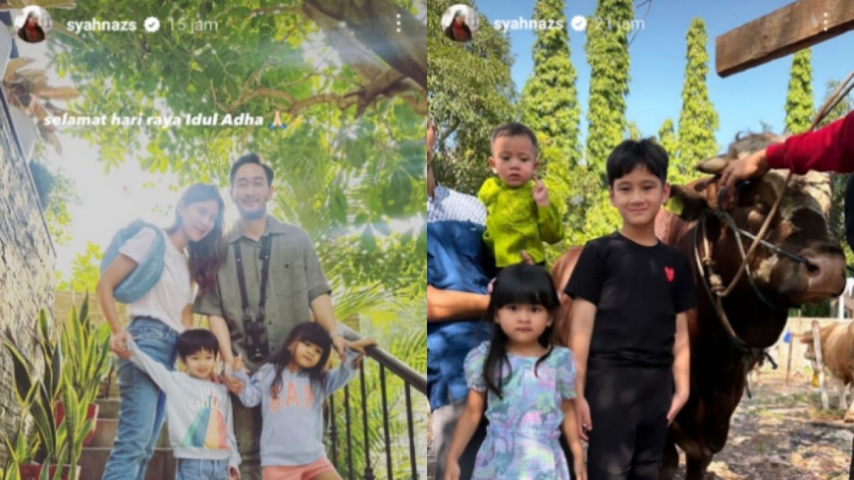 Syahnaz Sadiqah berbagi keseruannya bersama Jeje Govinda dan kedua anak kembarnya, serta ke adik Raffi Ahmad, Rafathar dan Rayyanza saat Idul Adha 1444 H. [Instagram/@syahnazs]