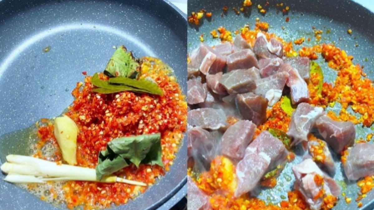 Proses tumis bahan bumbu halus dan daging sapi. [Instagram/@diahh.dps]