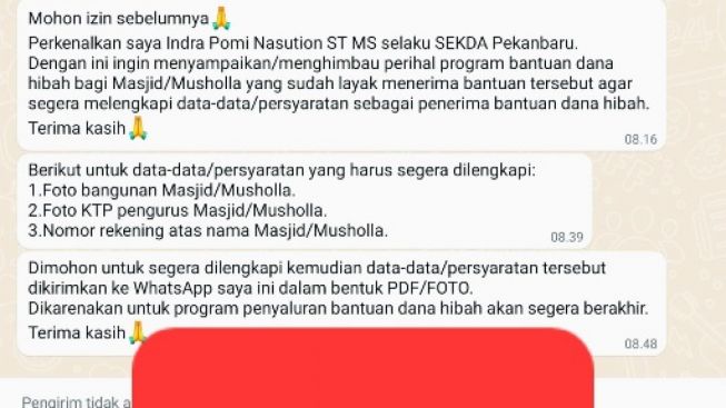Waduh! Akun WhatsApp Indra Pomi Nasution Beredar Janjikan Bantuan, Sekda Kota Pekanbaru: Ini HOAX