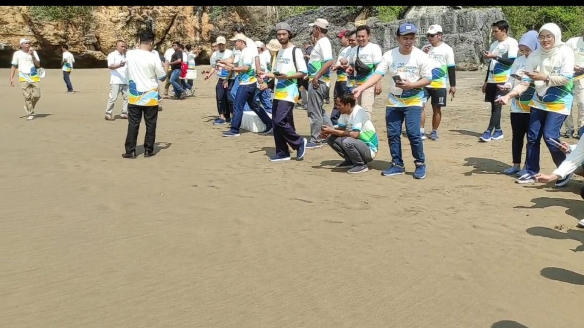 Ratusan petugas UP Pacitan melepas tukik [(ponorogo.suara.com/dedy.s)]