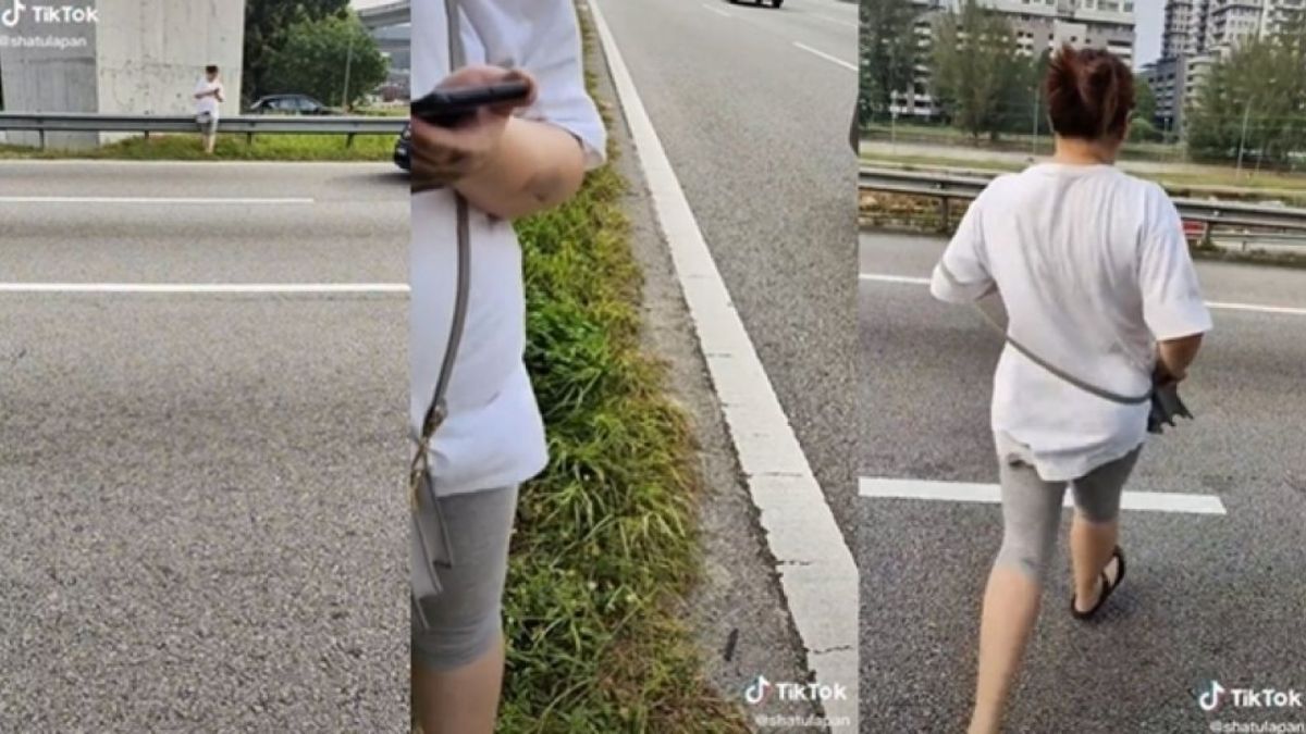 Wanita ditinggalkan di tengah jalan tol setelah berselisih paham dengan suami. (TikTok/@shatulapan) [suara.com]