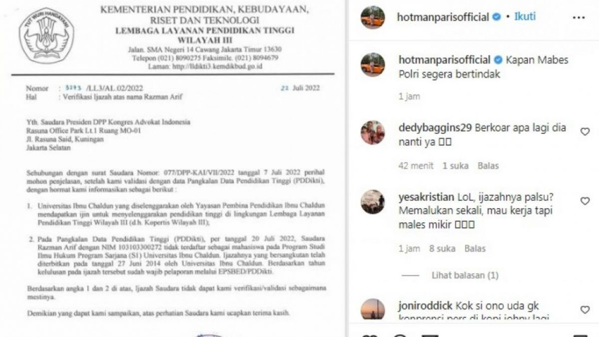 Unggahan Hotman Paris [Instagram/@hotmanparisofficial] [suara.com]