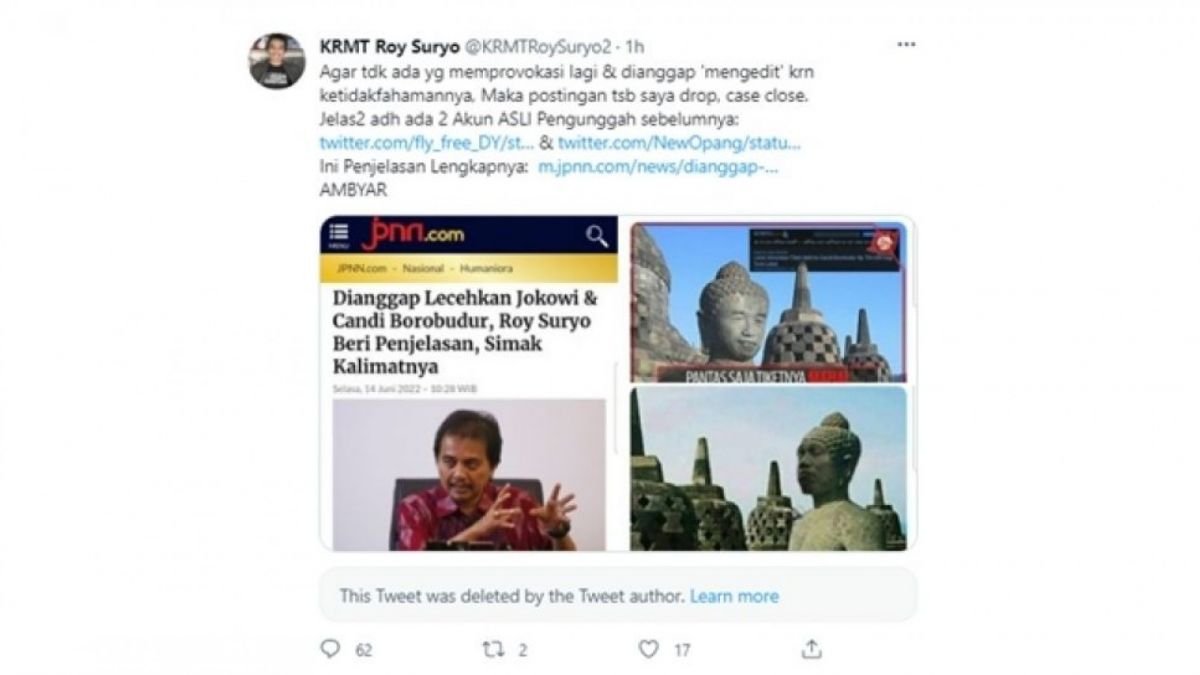 Roy Suryo deleted and clarified that the post of the Borobudur Temple stupa was edited like Jokowi.  (Twitter/@KRMTRoySuryo2)