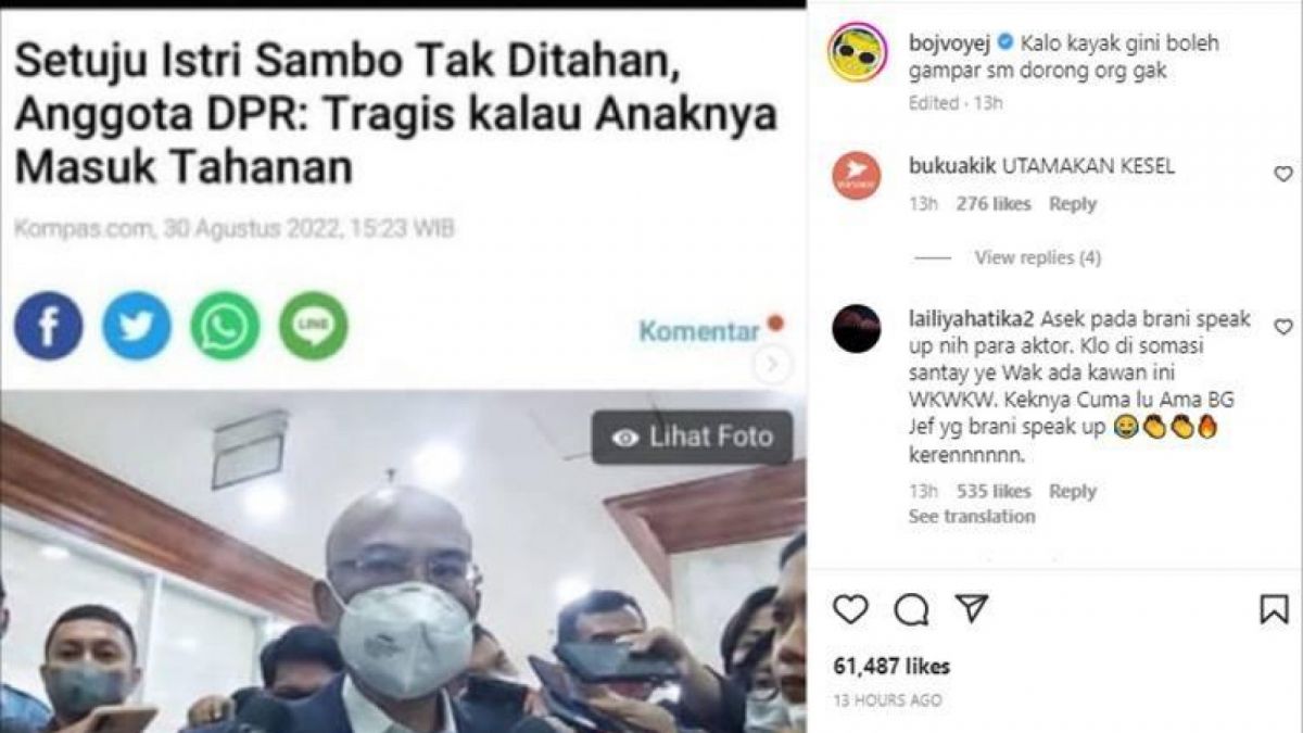 Anggota DPR Setuju Putri Chandrawathi Tidak Ditahan, Bio One: Kalo Kayak Gini Boleh Gampar Orang Nggak! [Instagram/@bojvoye]