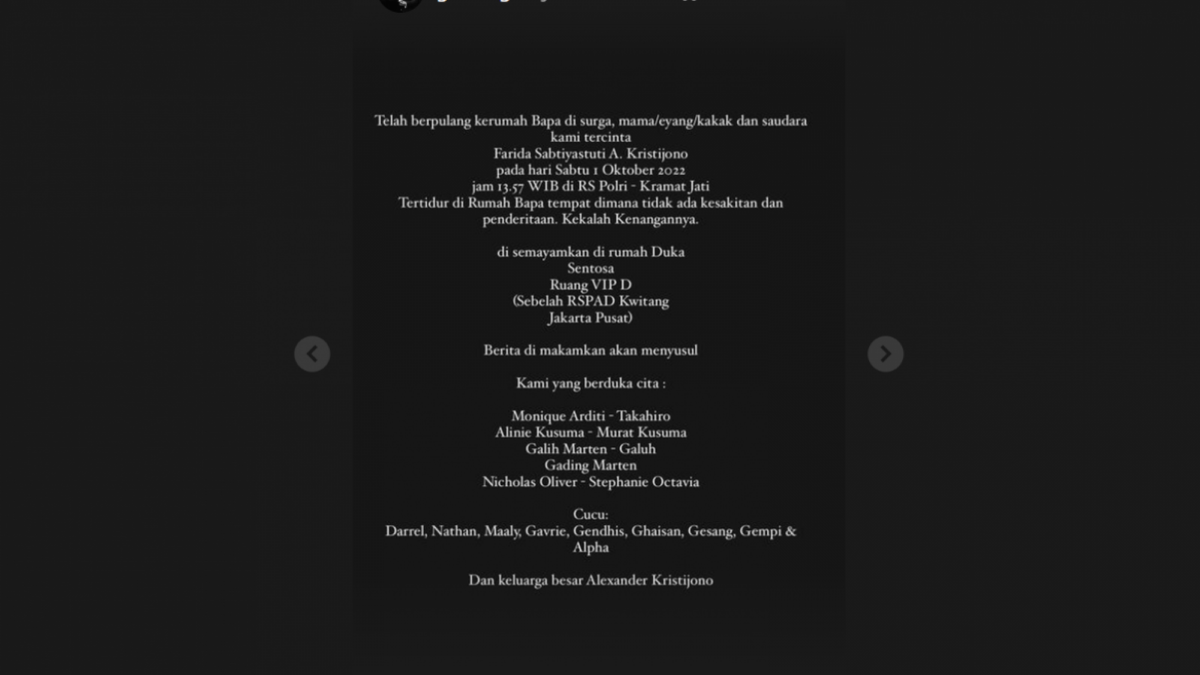 informasi meninggalnya ibunda Gading Marten [Instagram/gadiiing]