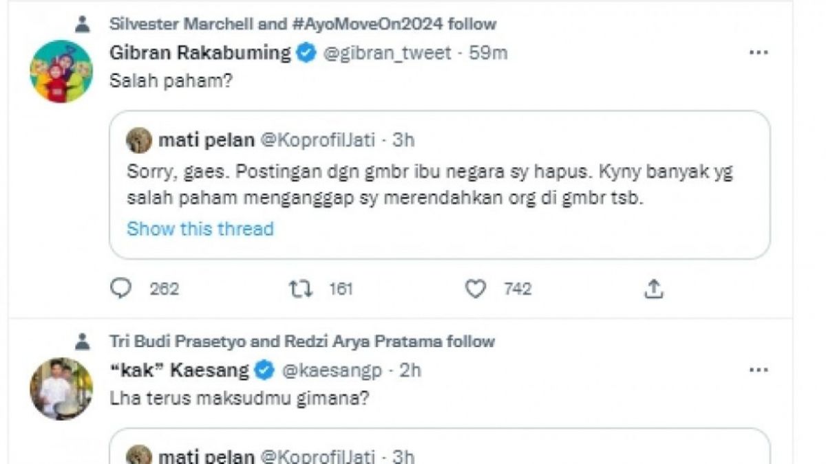 Gibran Rakabuming Raka dengan Kaesang Pangarep mencecar pemilik akun Twitter yang sarkasme terhadap foto Ibu Negara Iriana Jokowi. [(Tangkap Layar Twitter)]