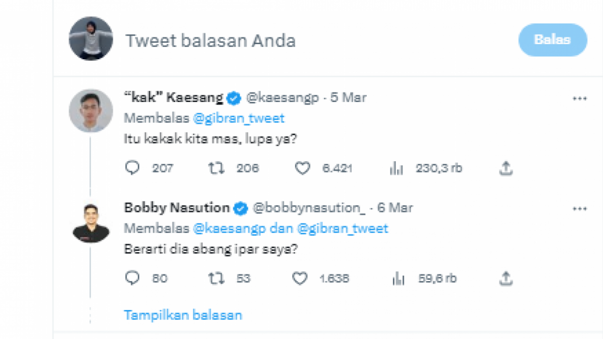 Balasan Kaesang dan Bobby dengan postingan Gibran [Twitter.com]