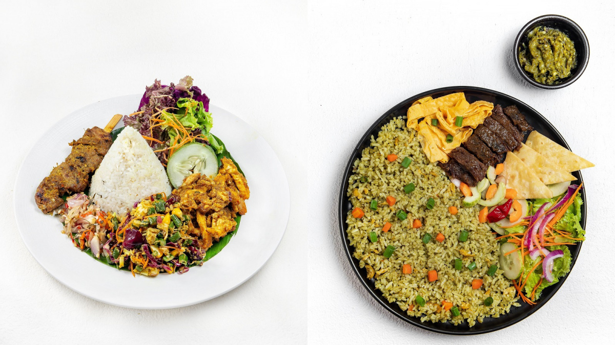 Nasi Bali (kiri) dan Nasi Hijau Daging Empal yang disajikan resto Enatura