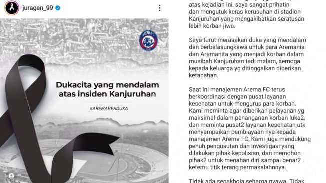 Presiden Arema FC Gilang Juragan 99 Minta Maaf Atas Tragedi Kanjuruhan, Dukung Investigasi Kepolisian