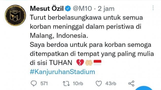 Mesut Ozil Komentari Insiden Tewasnya Suporter Arema FC, Turut Belasungkawa dan Doakan Para Korban