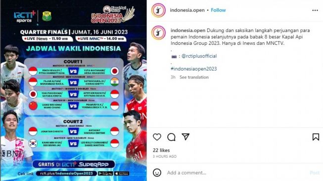 7 Wakil Indonesia Berlaga di Indonesia Open 2023 Hari Ini, Berikut Jadwal Lengkapnya