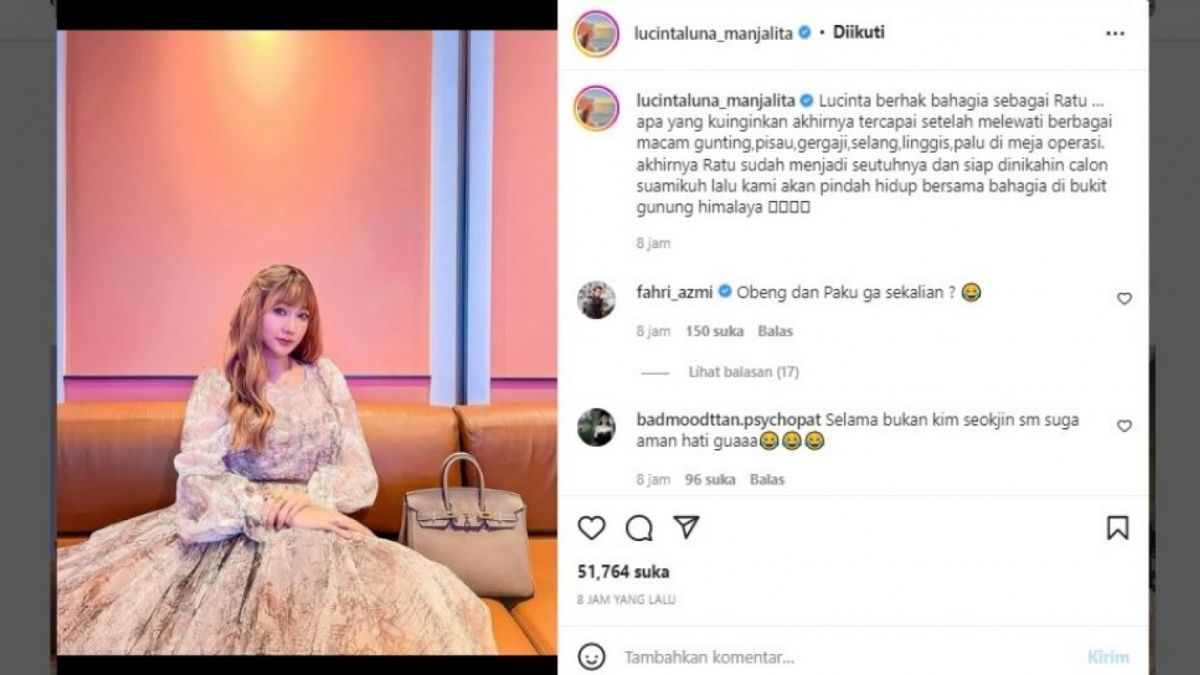 Tangkapan layar wajah Lucinta Luna usai operasi plastik. (Instagram/@lucintalun_manjalita)
