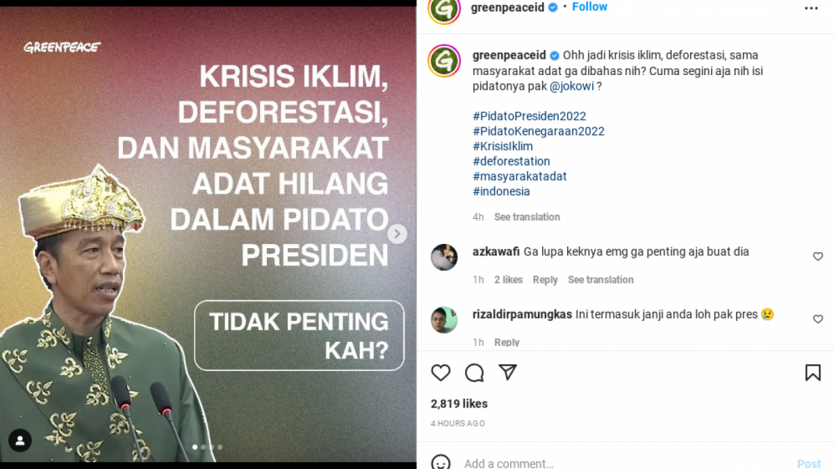Unggahan Instagram Green Peace [Instagram/@greenpeaceid]