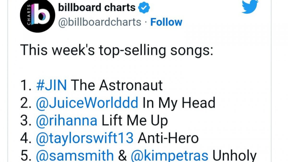 Peringkat Top Selling minggu  ini [Tangkap layar Twitter @billboardcharts 08.11.2022]